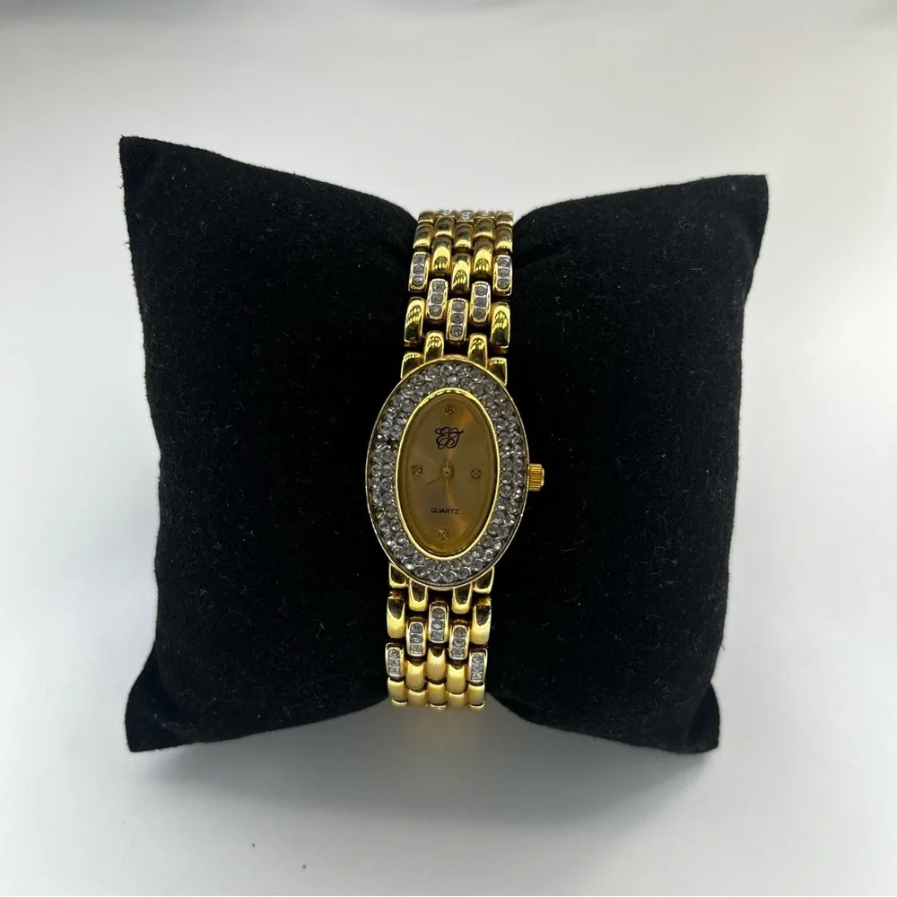 Elizabeth Taylor Women Dress Gold Tone‎ Pave Bezel Oval Quartz Watch New Battery